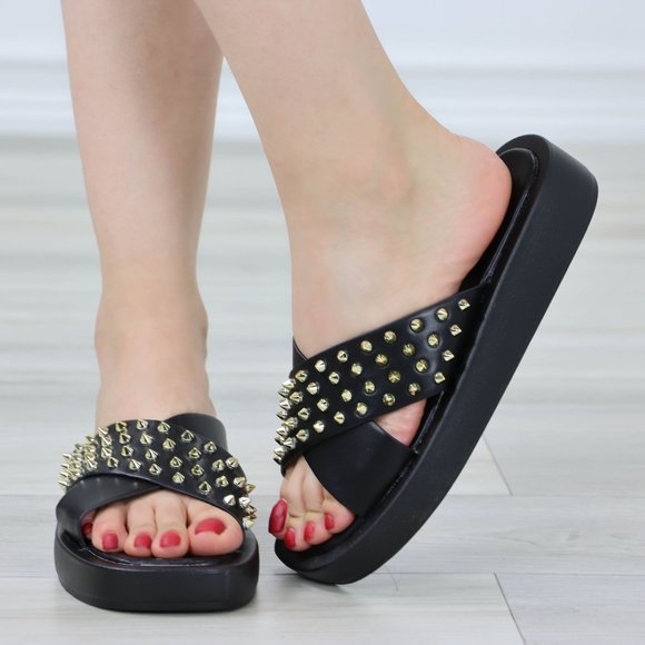 Black Sliders Slip On Sandals Faux Leather Gold Metal Stud Criss Cross - Picture 9 of 12